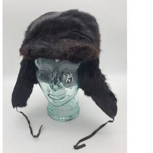 Vintage Men Black Fox Real Fur Chapka Trapper Hat Quilted Head Lining Sz 7 Med